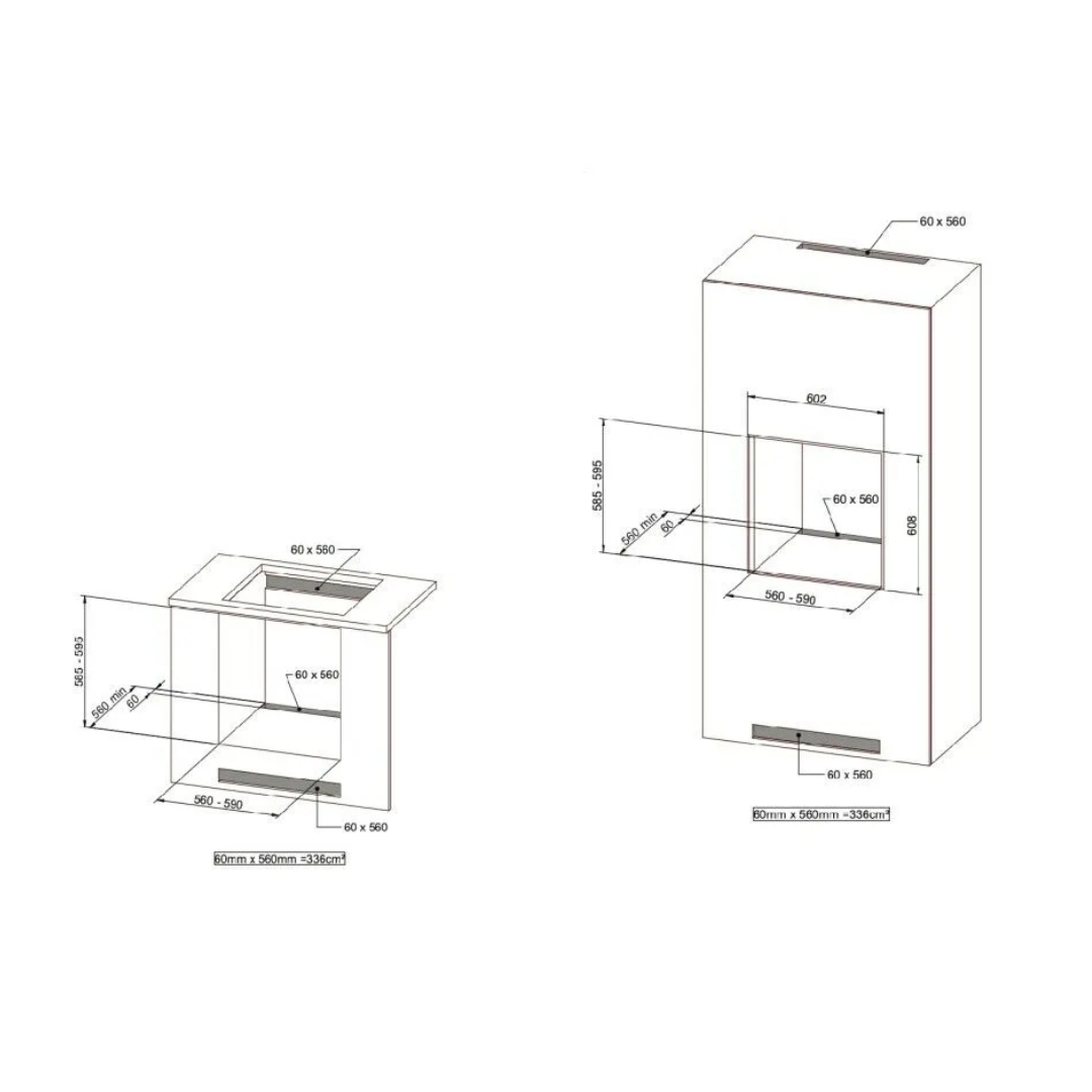 Disegno tecnico di un mobile da cucina con dimensioni e misure di installazione.