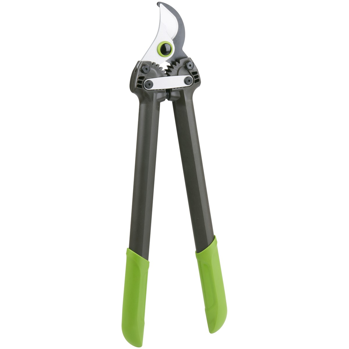 Pruning shears with green handles and a gear mechanism.
