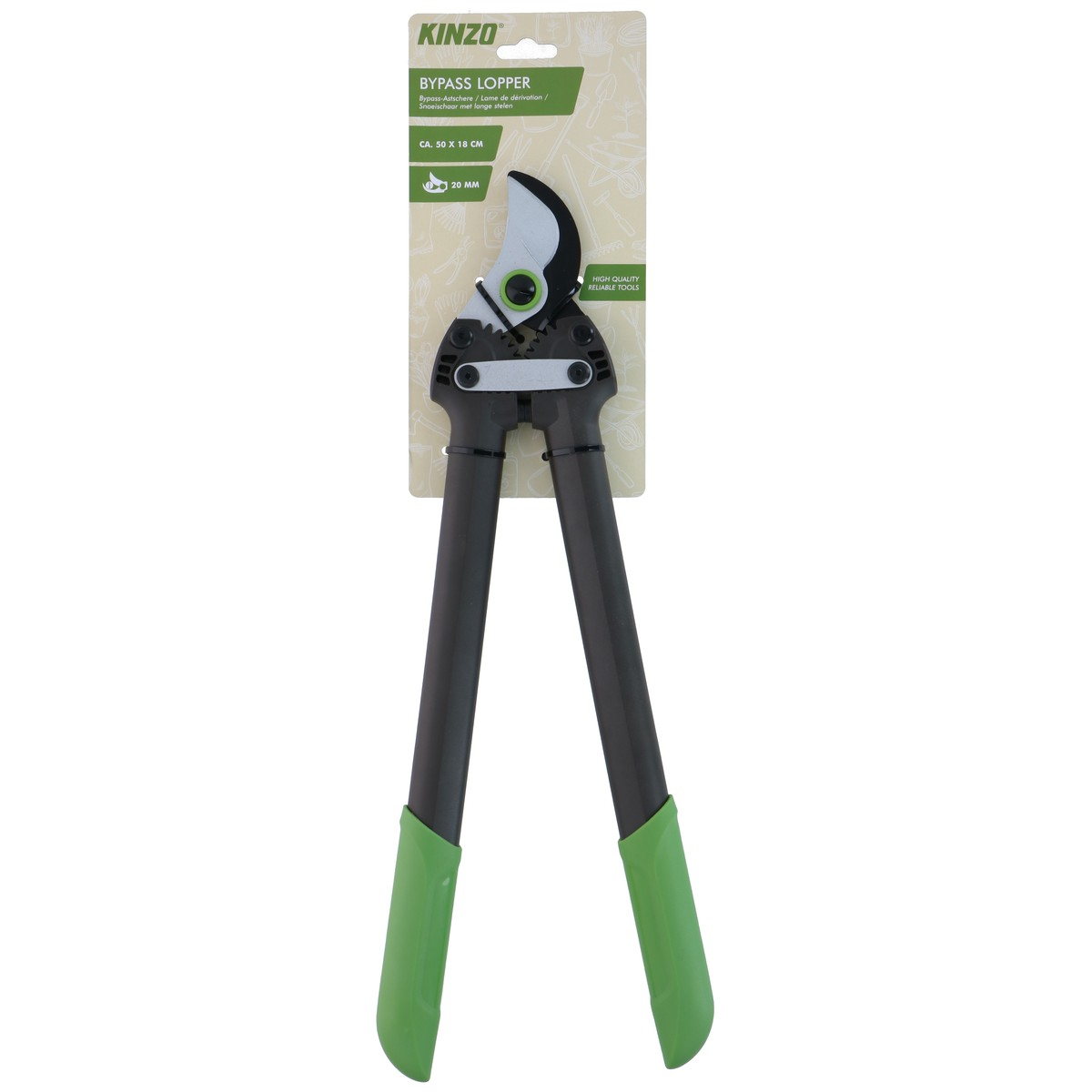 Kinzo Bypass loppers with black handles and green grips.