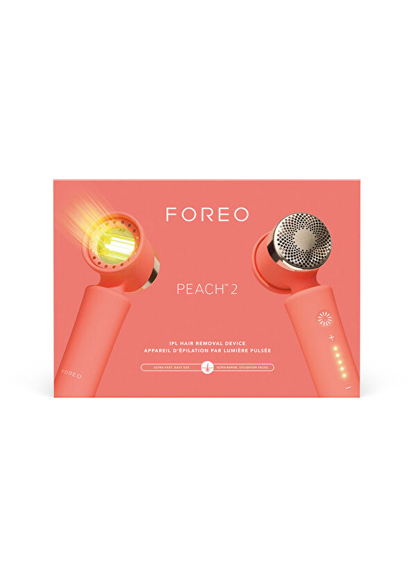 Foreo Peach 2 IPL tüy alma cihazı mercan renginde, ışıklı.