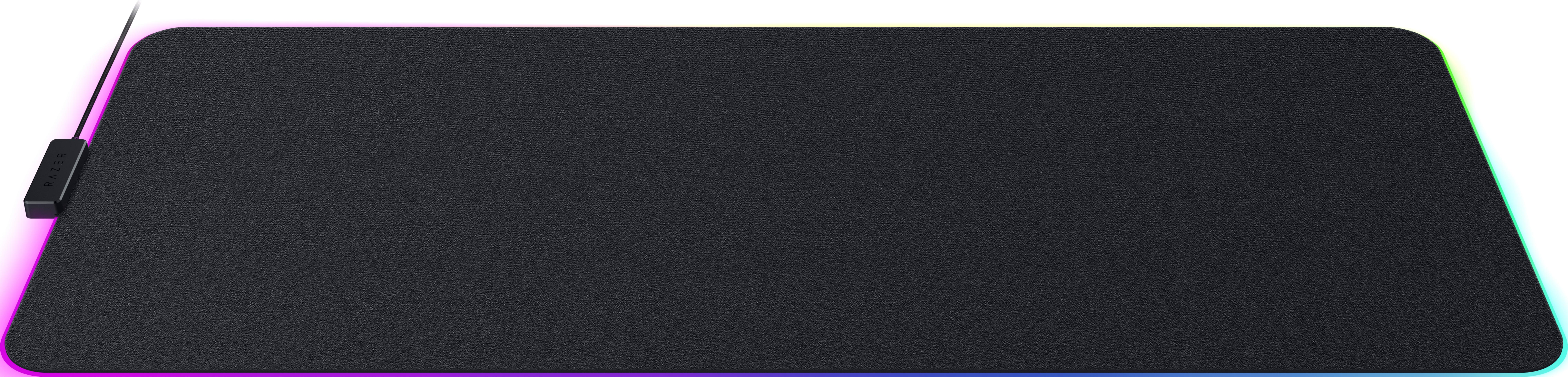 Black mousepad with RGB lighting and USB cable.