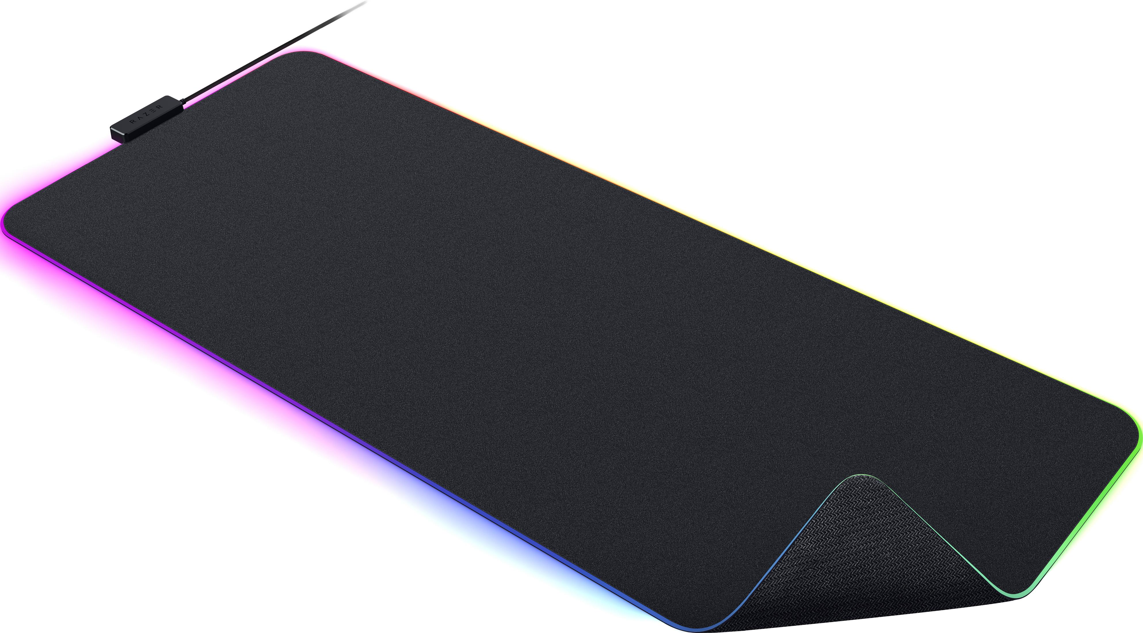 Black Razer mousepad with RGB lighting on the edge and a cable.