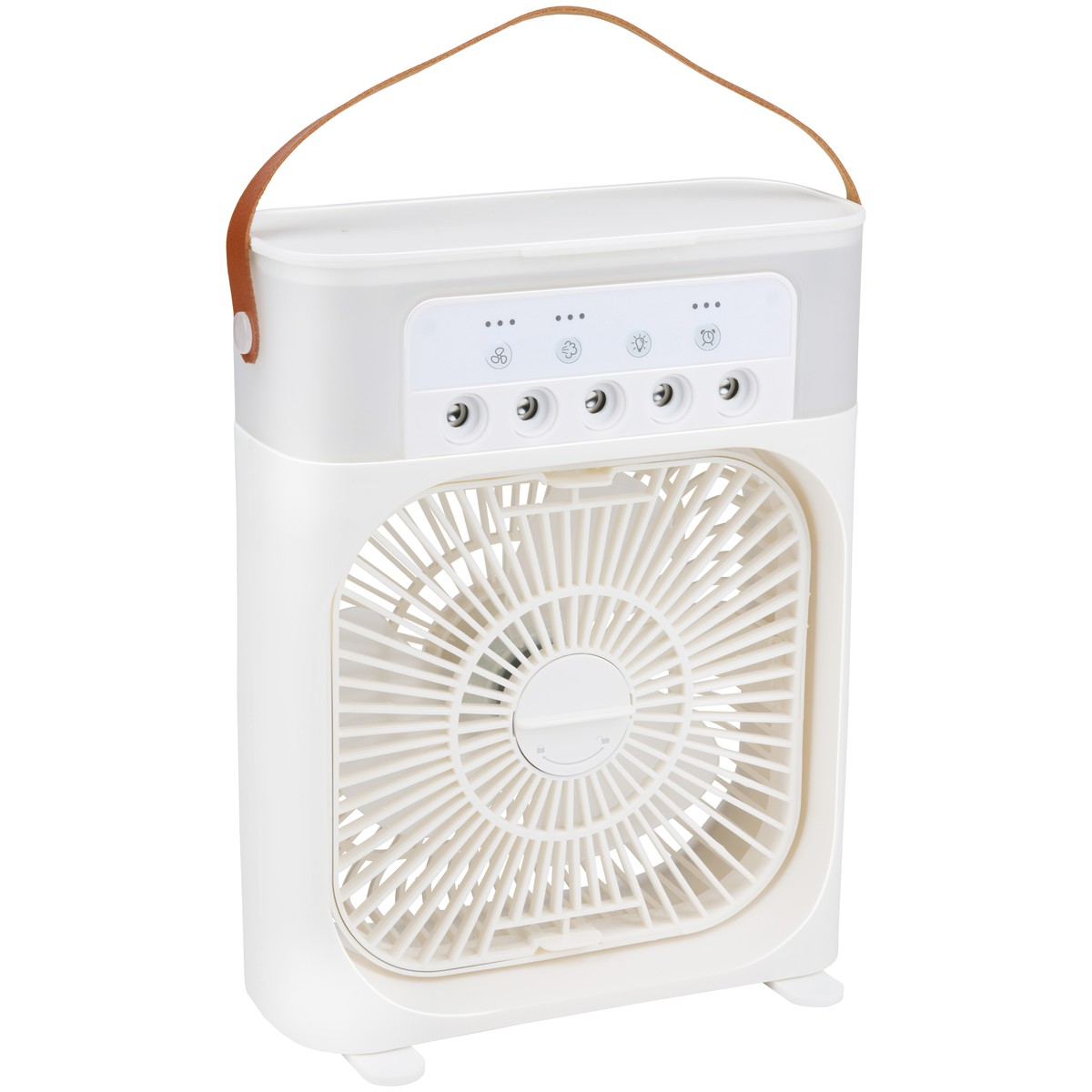 Un ventilatore portatile bianco con manico in pelle e pulsanti.