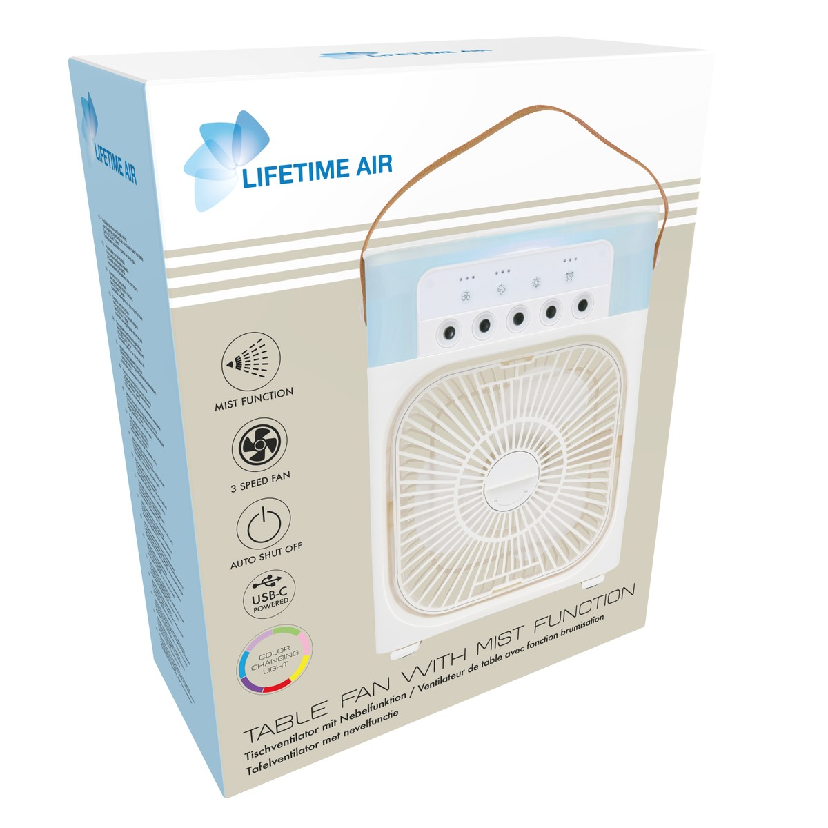 Confezione di ventilatore da tavolo bianco con funzione nebbia, 3 velocità, USB-C.