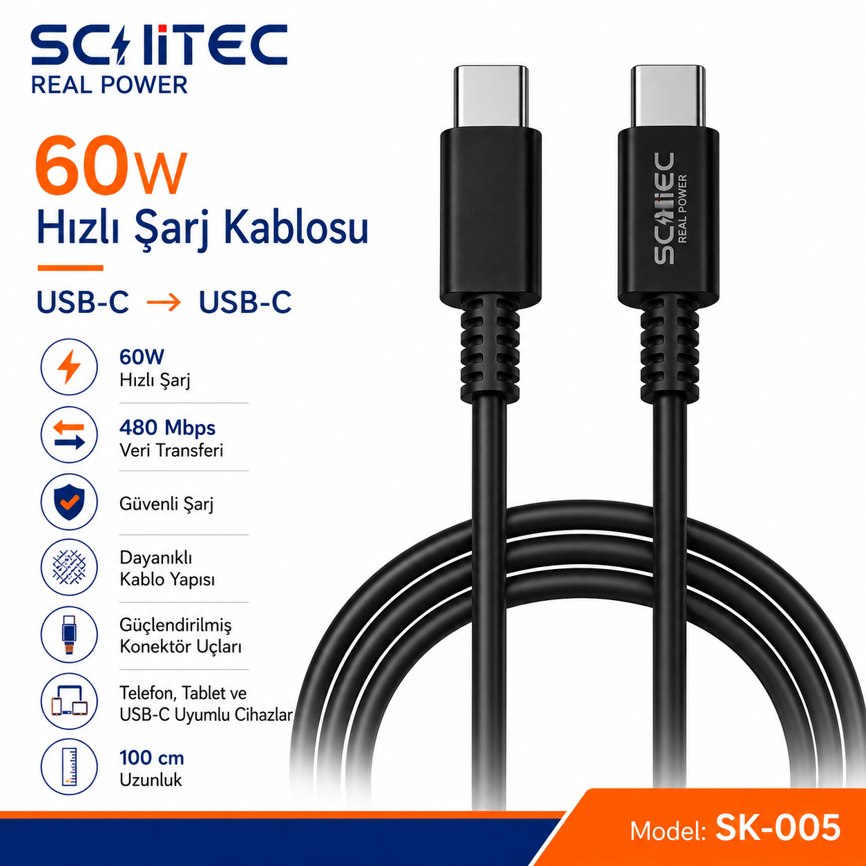 60W hızlı şarj özellikli iki siyah USB-C - USB-C kablosu.