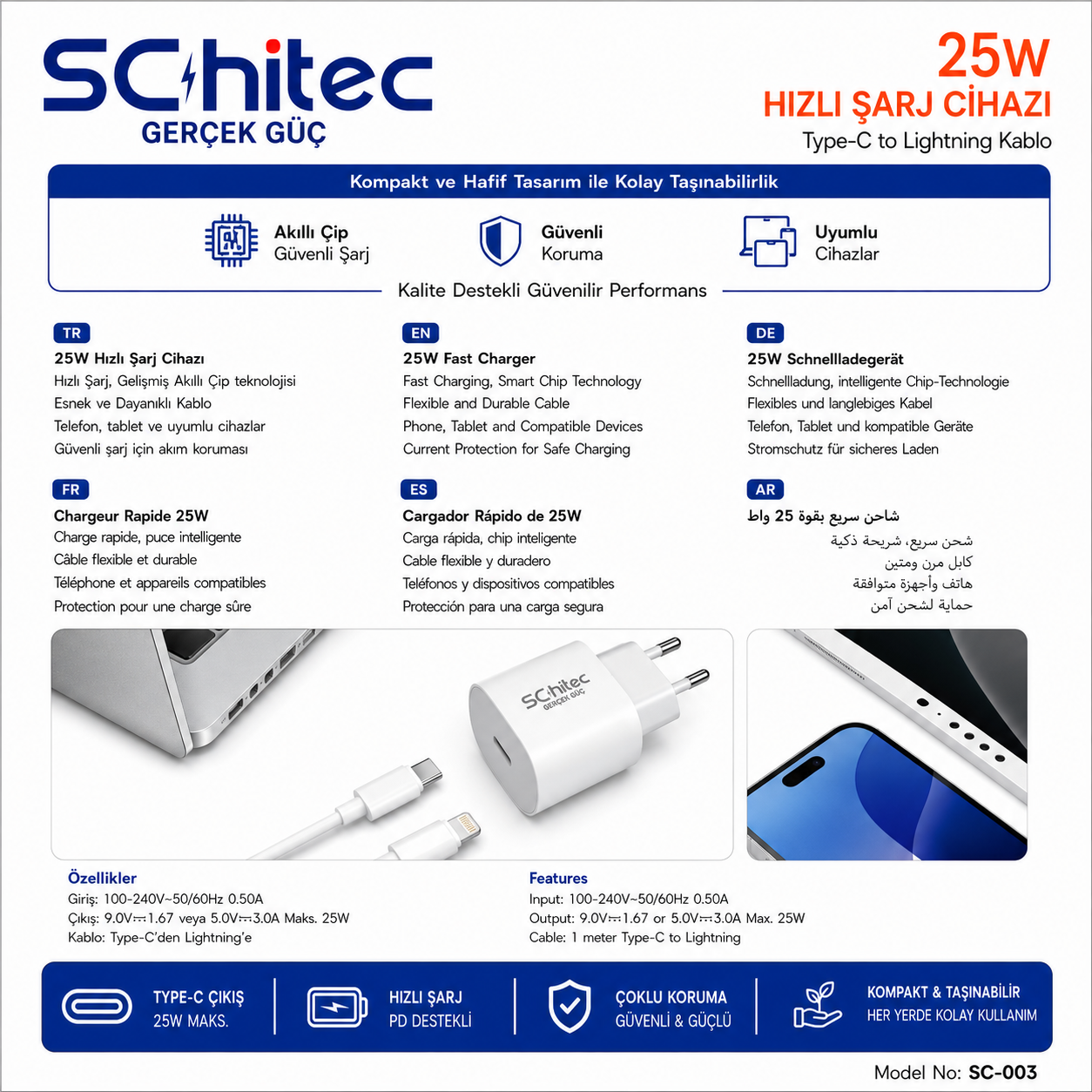 25W şarj cihazı Type-C'den Lightning'e kablo, kompakt.