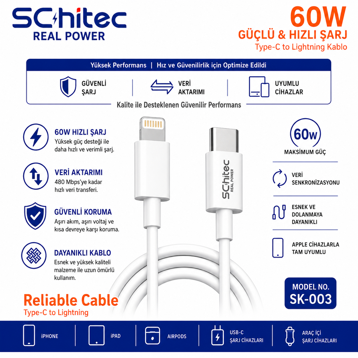 Beyaz USB-C - Lightning kablosu. 60W, SCHitec ve SK-003 model etiketli. H ızlı şarj.