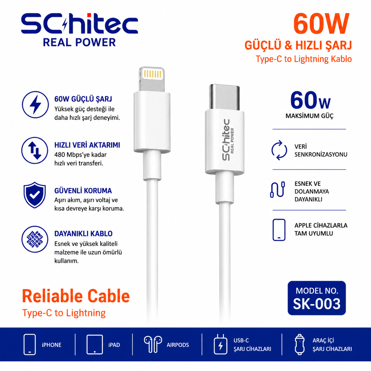 60W şarj ve veri aktarımı sunan beyaz USB-C - Lightning kablosu.