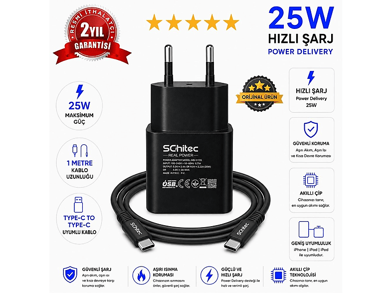 SCHITEC 25W Type-C Çıkışlı Type-C to Type-C Kablolu Set SC006 Hızlı Şarj Aleti Siyah