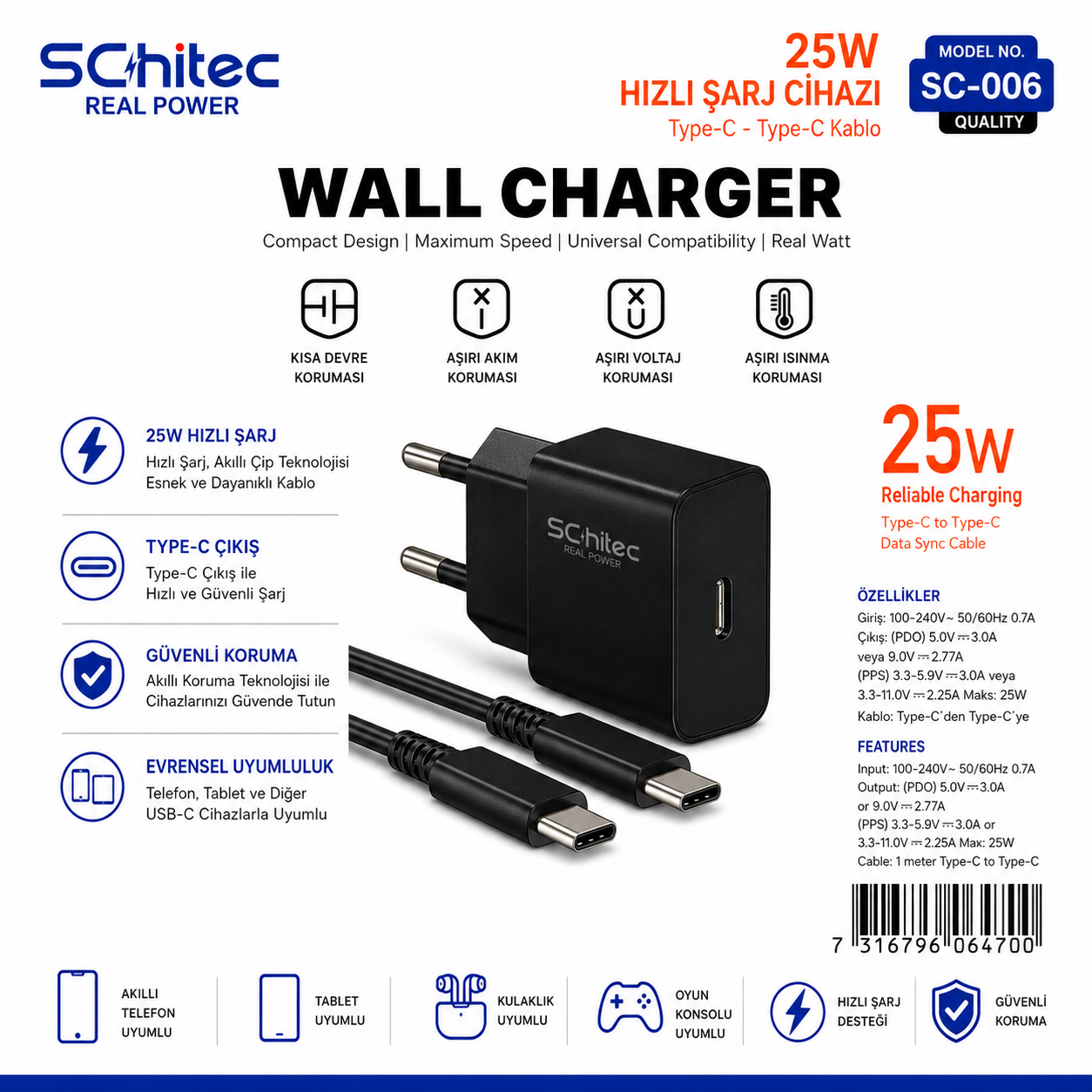 İki USB-C kablolu siyah Schitec 25W duvar şarj cihazı. Ürün bilgileri Türkçe ve İngilizce.