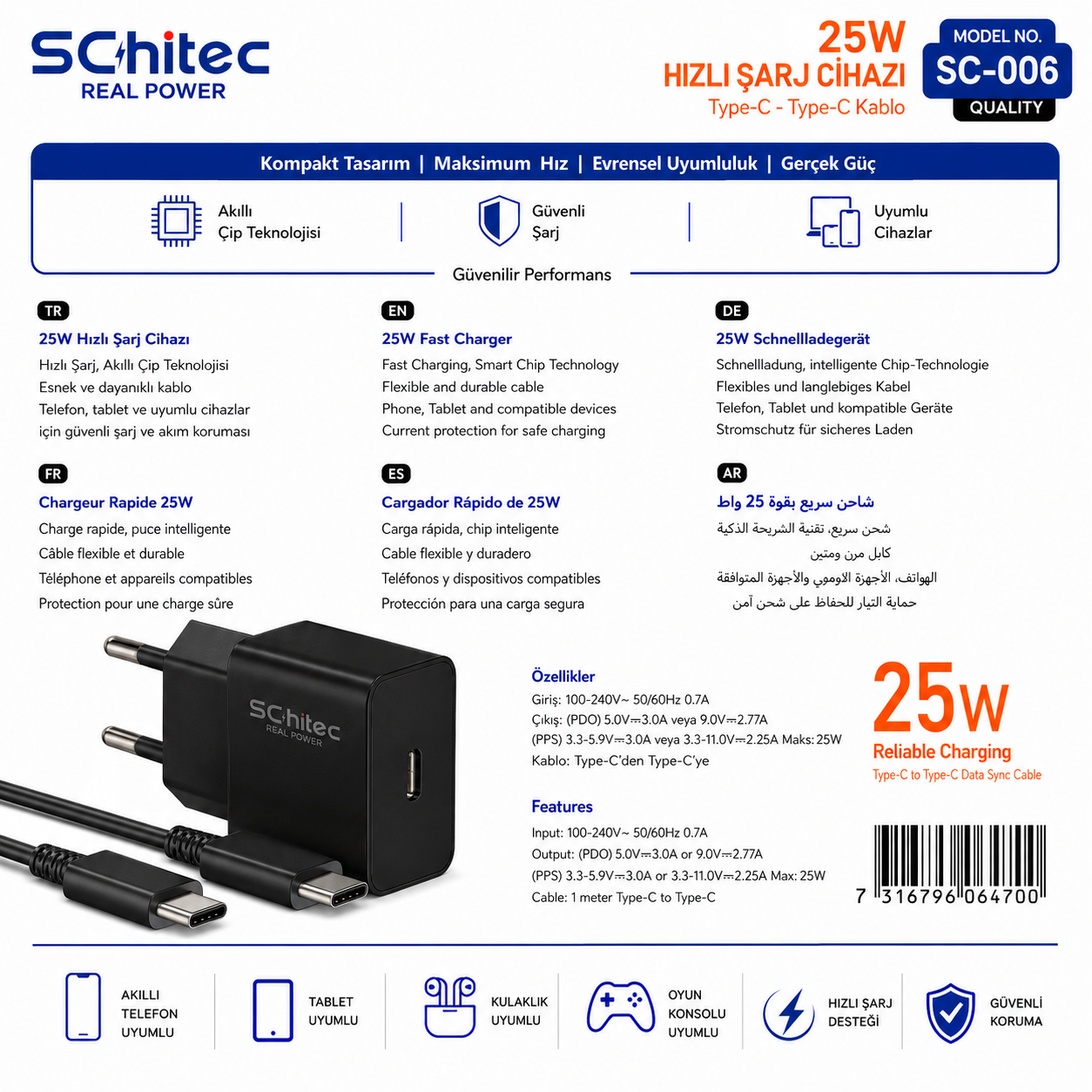 25W SChitec şarj cihazı ve kablo, Model SC-006, Type-C to Type-C.