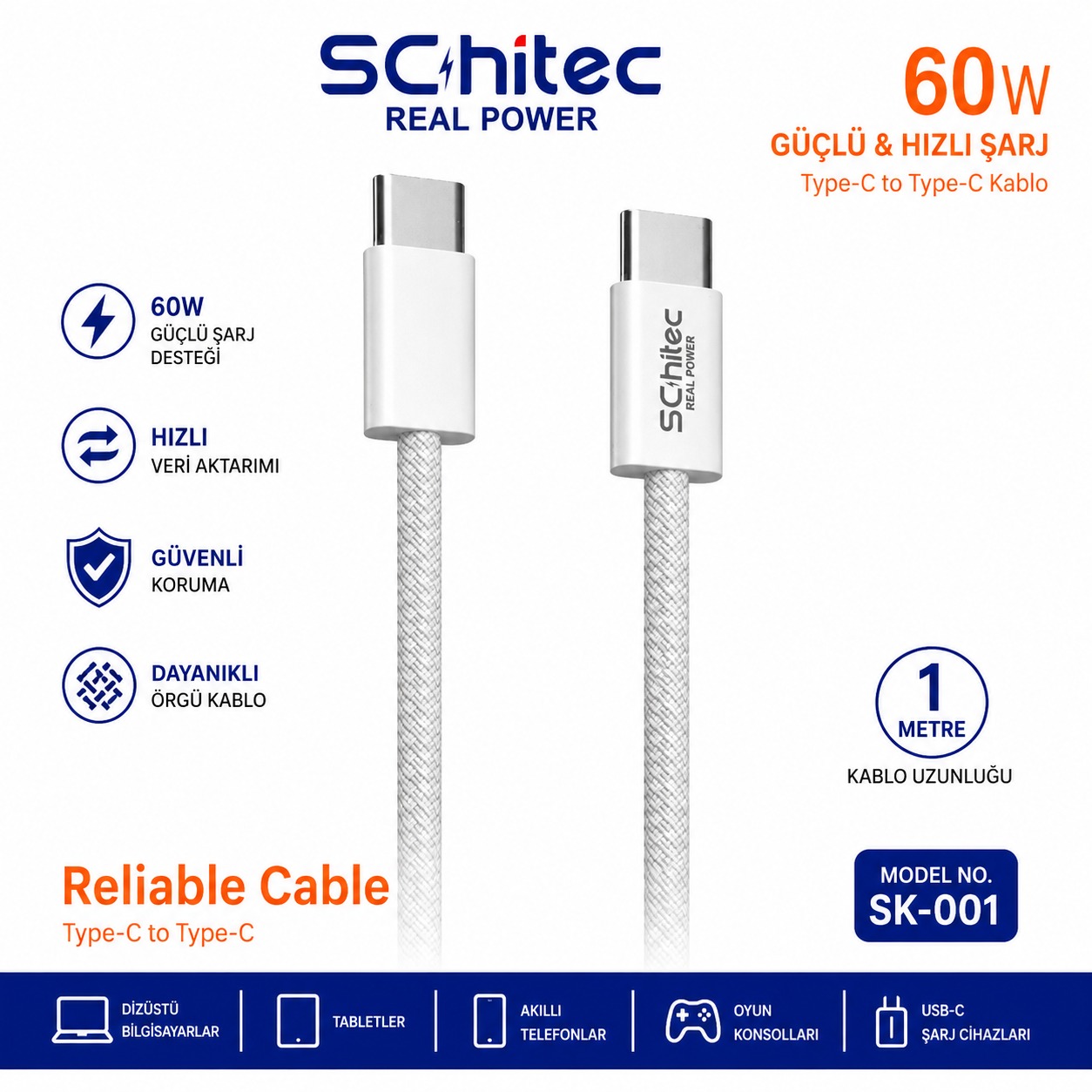 Beyaz Schitec logolu USB-C - USB-C kablosu, 60W güç.