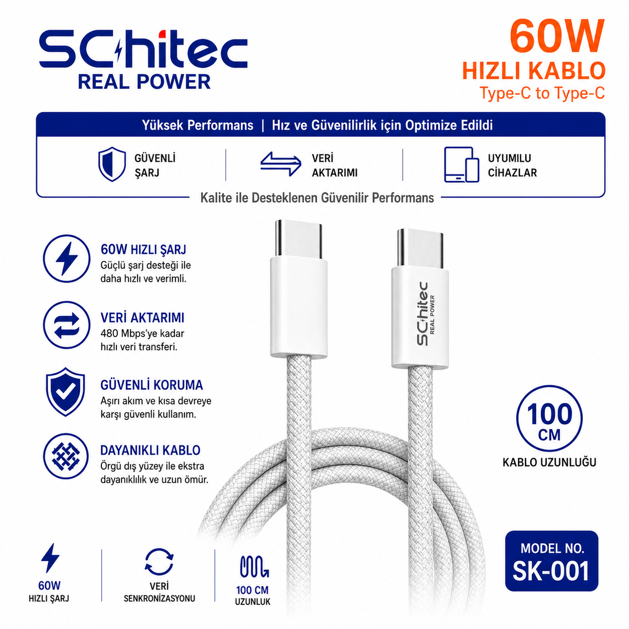 Örgülü dış yüzeye sahip beyaz 60W Schitec USB-C - USB-C kablosu.