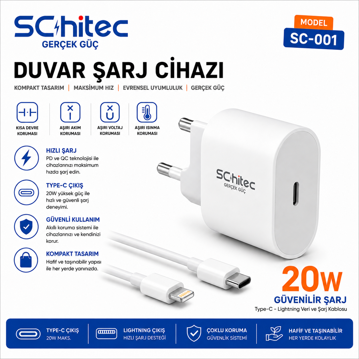 Beyaz SChitec şarj cihazı, Type-C ve Lightning kablolu, 20W hızlı şarj.