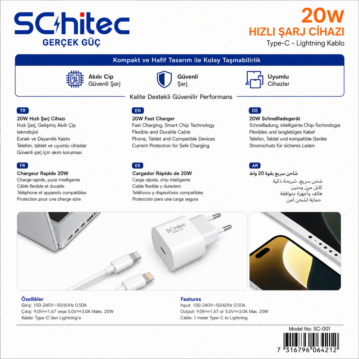 SC-hitec 20W hızlı şarj cihazı, kablo ve fişli.