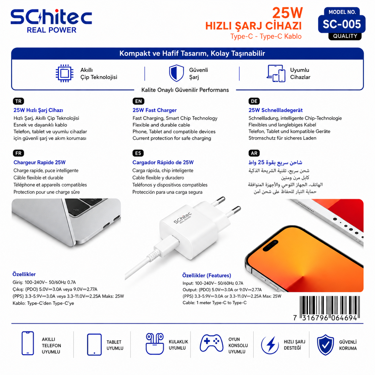 SChitec 25W Type-C şarj cihazı ve kablo, kompakt, akıllı çip, güvenli şarj.