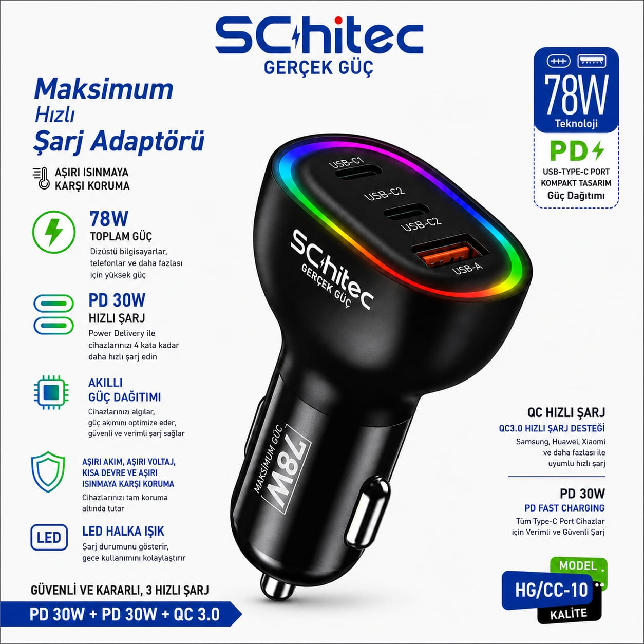 3 USB bağlantı noktasına (2x USB-C, 1x USB-A) ve LED halkaya sahip siyah 78W araç şarj adaptörü.