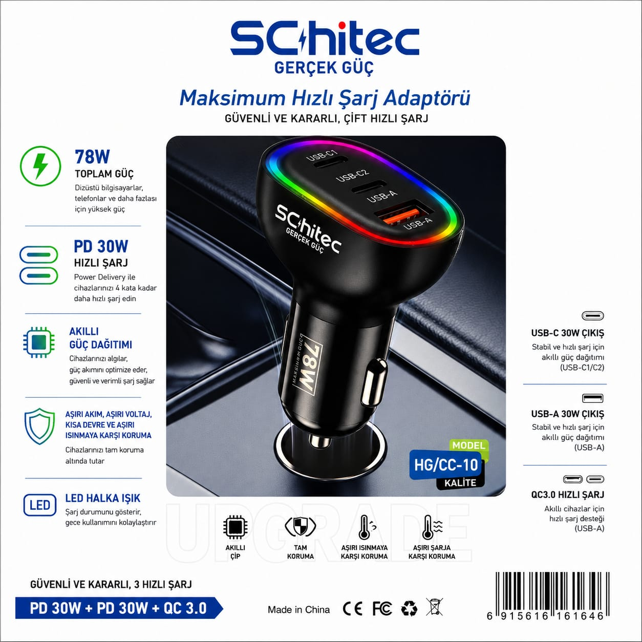 Schitec 78W araç şarj cihazı, 3 USB portlu, PD 30W ve QC 3.0 destekli.