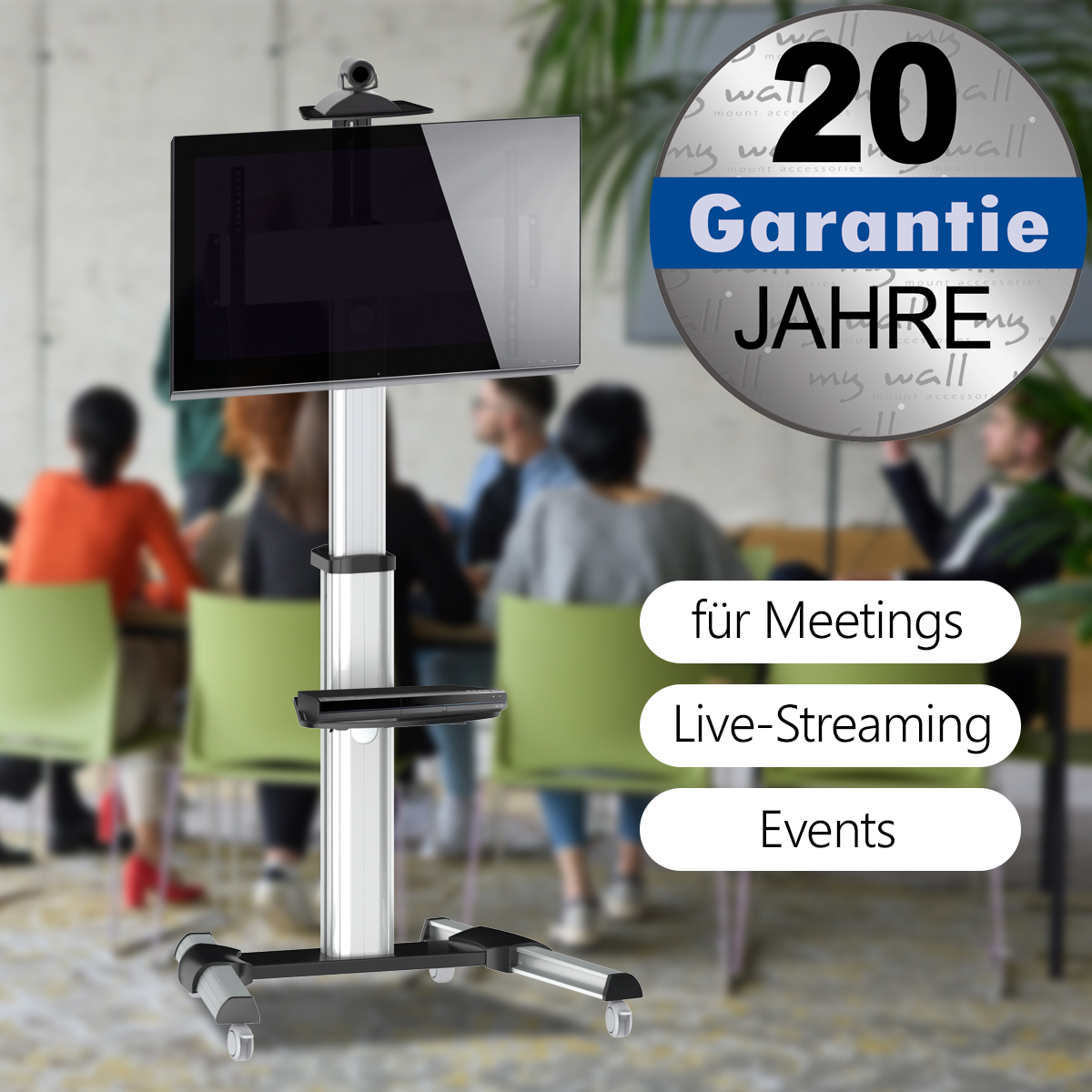 Mobiler Bildschirmständer mit 20 Jahren Garantie für Meetings, Live-Streaming und Events.