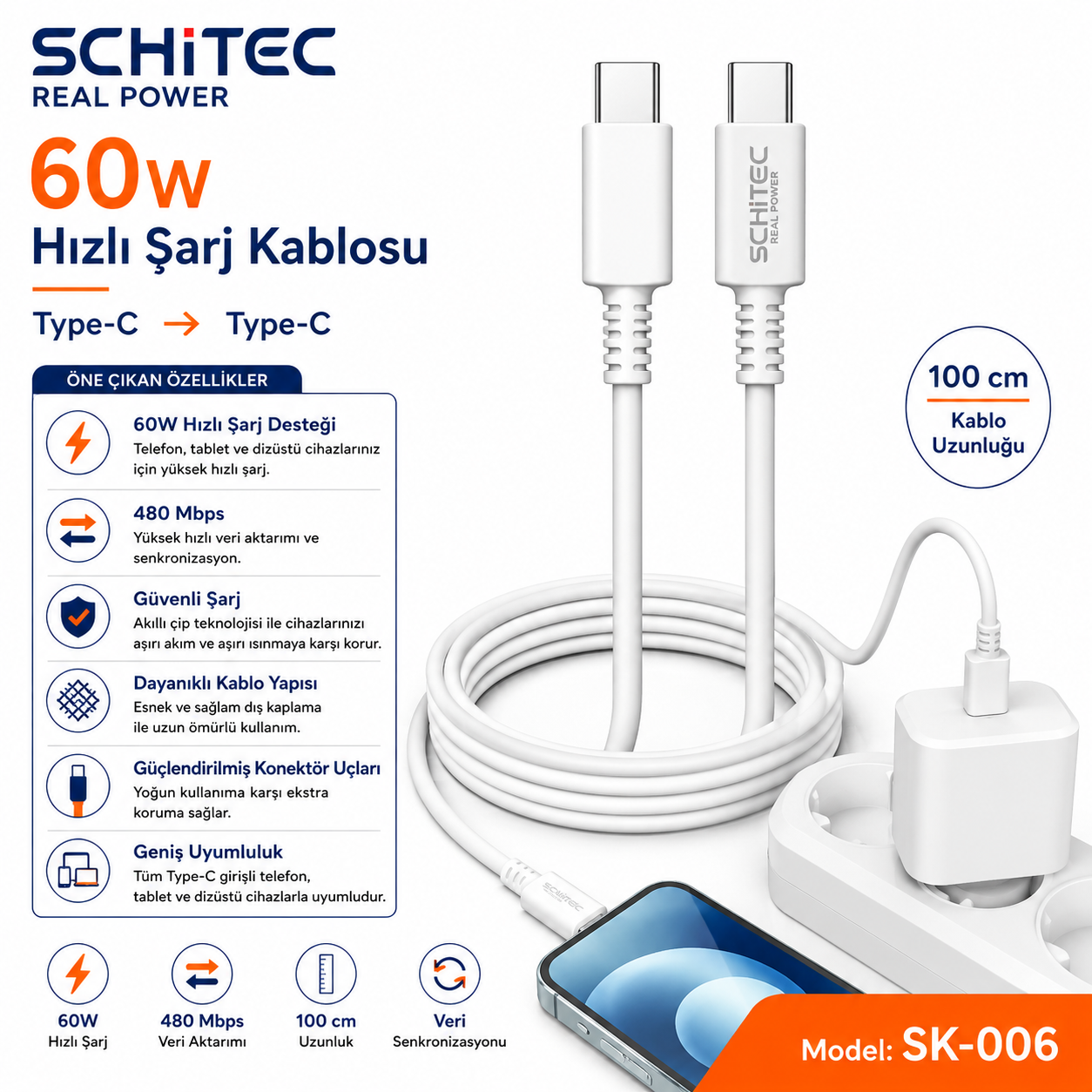 iPhone şarj eden adaptörlü beyaz USB-C'den USB-C'ye kablo.