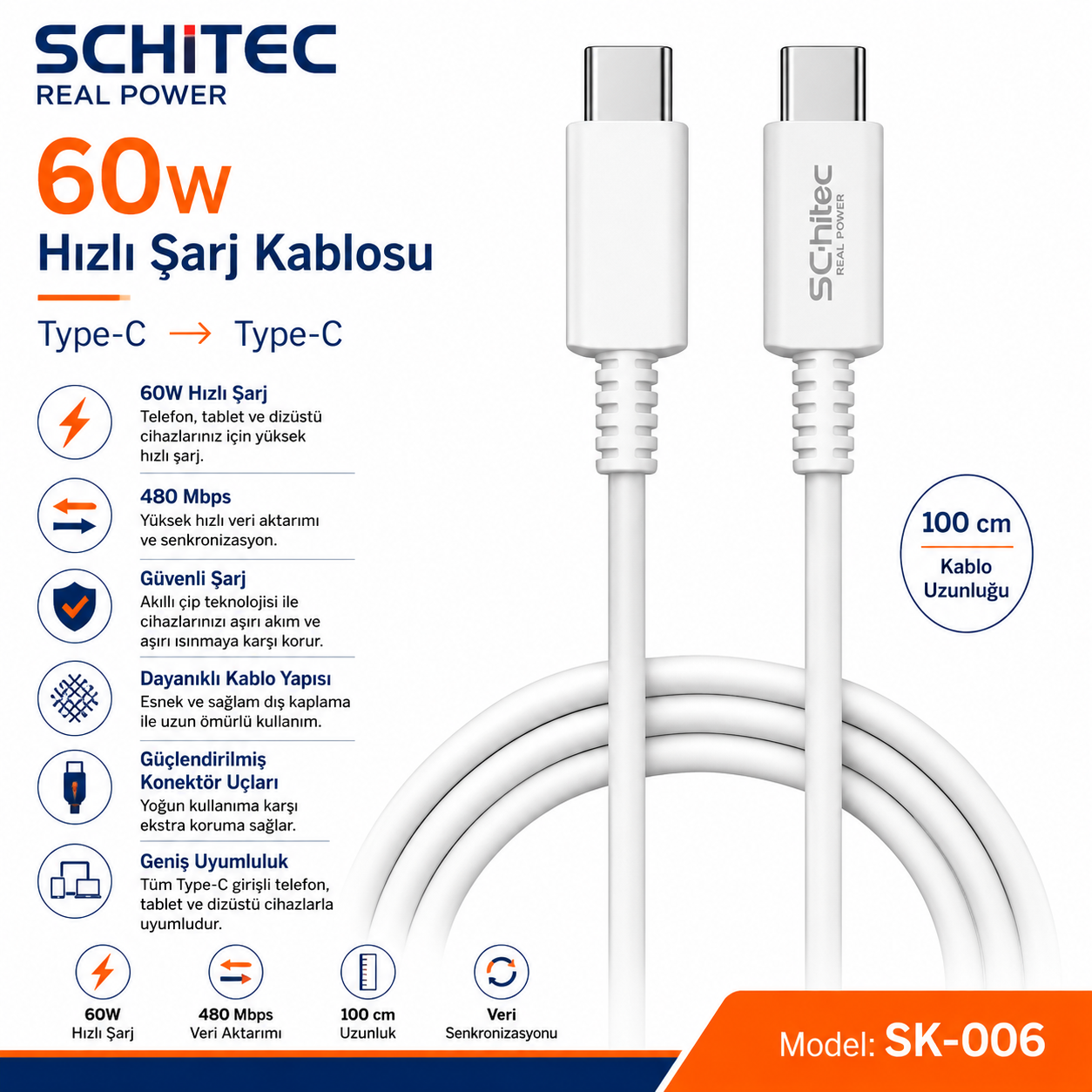 60W şarj, 100 cm uzunluk ve veri aktarımı özellikli iki beyaz USB-C kablosu.