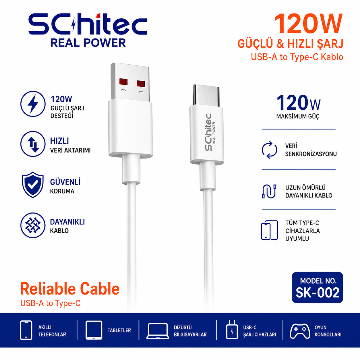 120W şarj ve veri aktarımına sahip beyaz USB-A - Type-C kablosu.