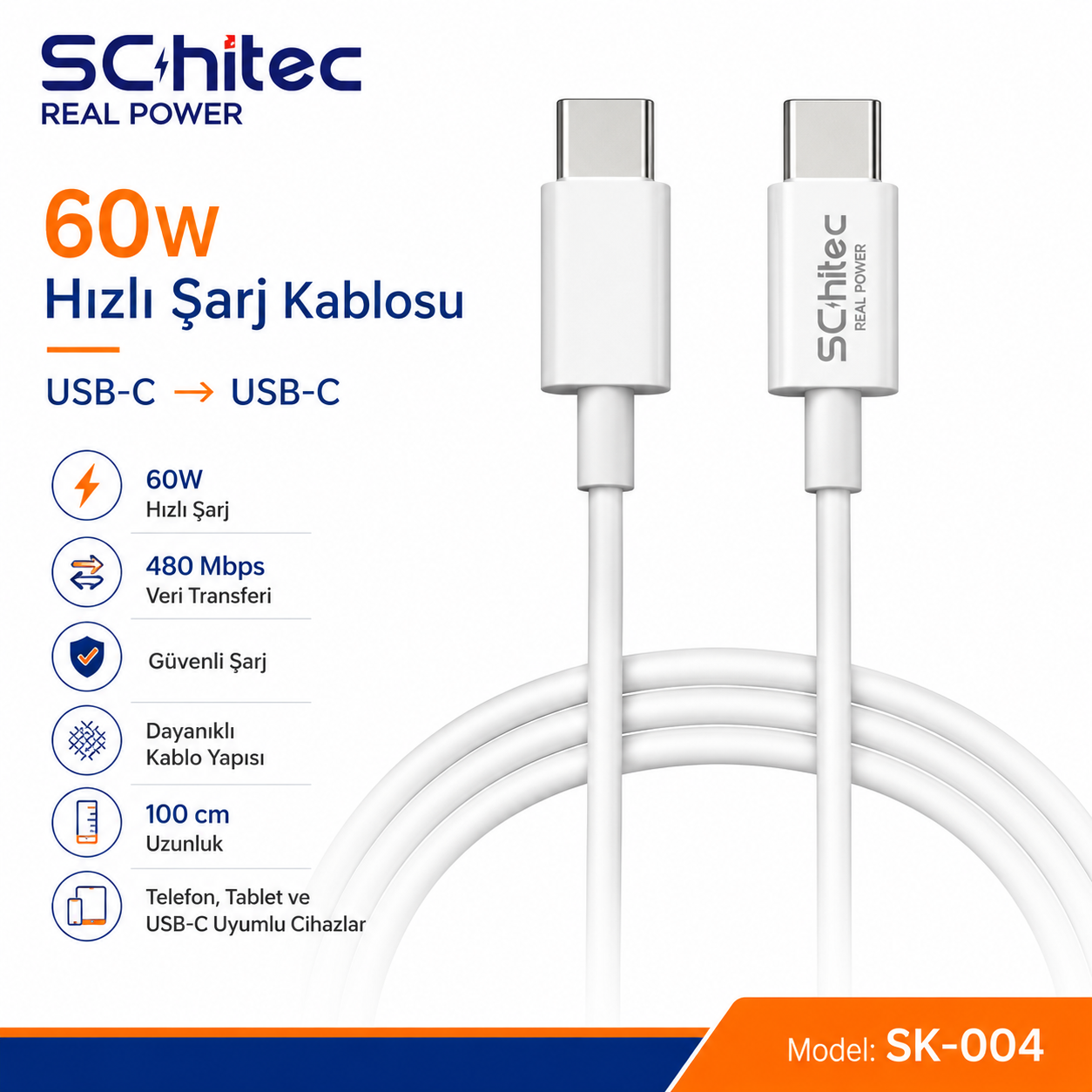 60W hızlı şarj özellikli beyaz USB-C - USB-C kablosu.