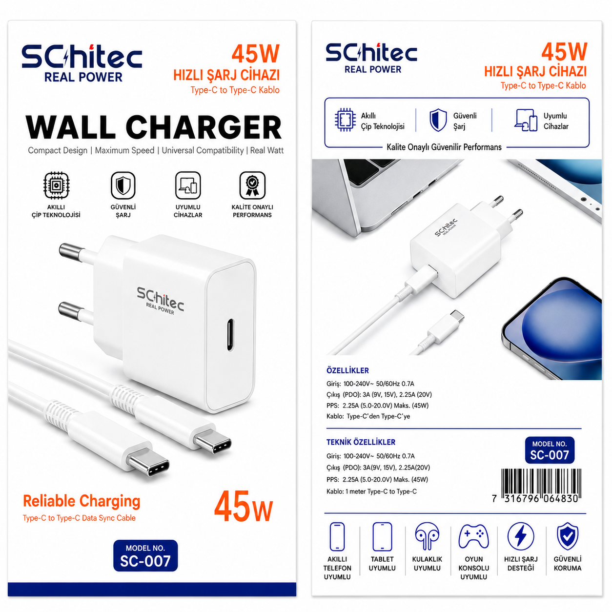 İki USB-C bağlantı noktasına ve kabloya sahip beyaz 45W Schitec hızlı şarj cihazı.