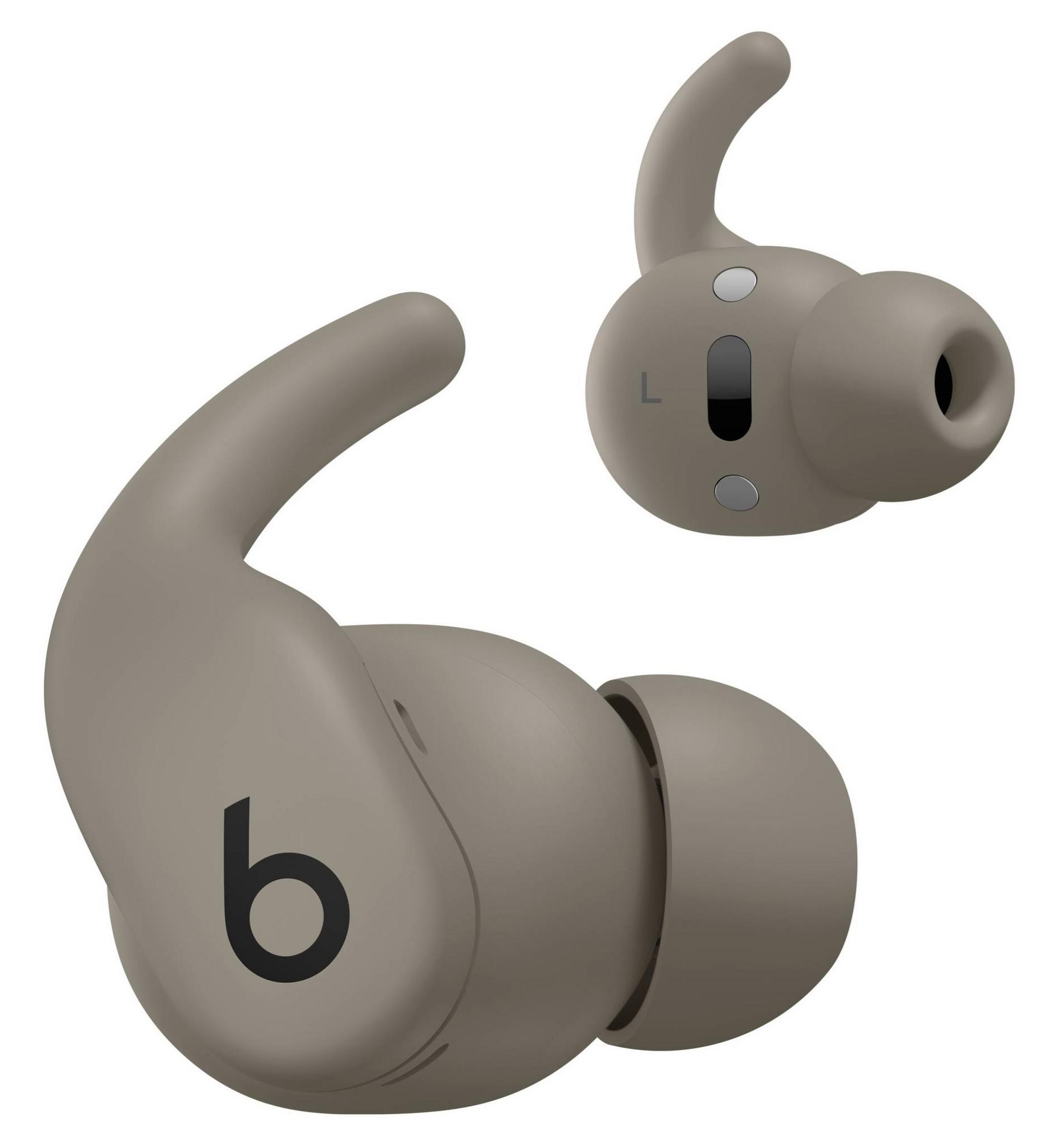 Due auricolari Beats grigi, uno con logo nero 'b', su sfondo bianco.