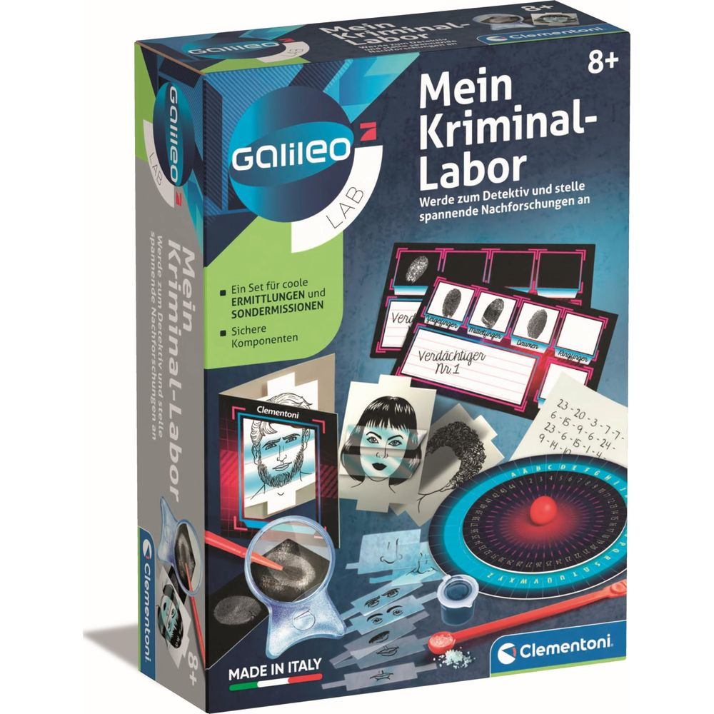 Verpackung für ein Detektivspiel mit Lupe, Fingerabdrücken und Verdächtigen.