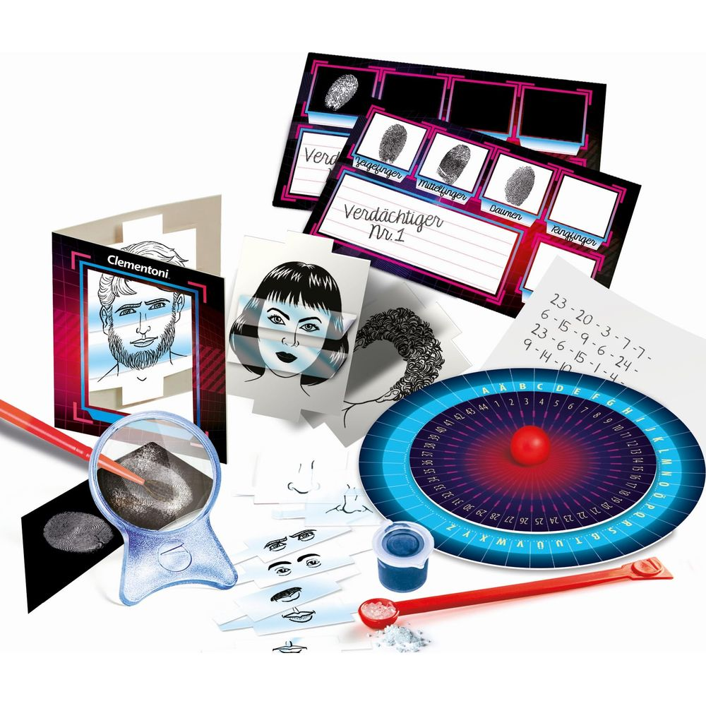 Spielmaterial: Verdächtige, Fingerabdrücke, Lupe, Zahlenrad, Stifte, Pulver.