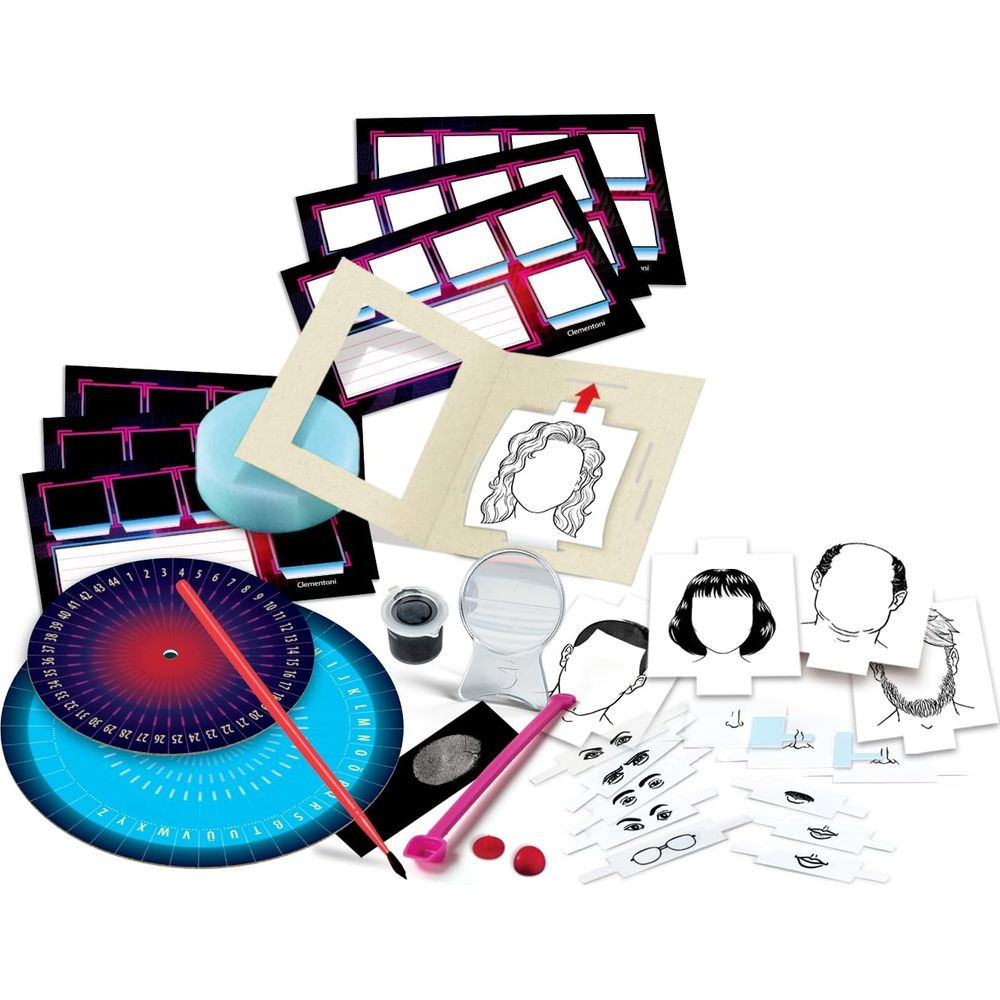 Spielzeug-Set mit Gesichtsmerkmalen, Karten und einem Drehscheibe.