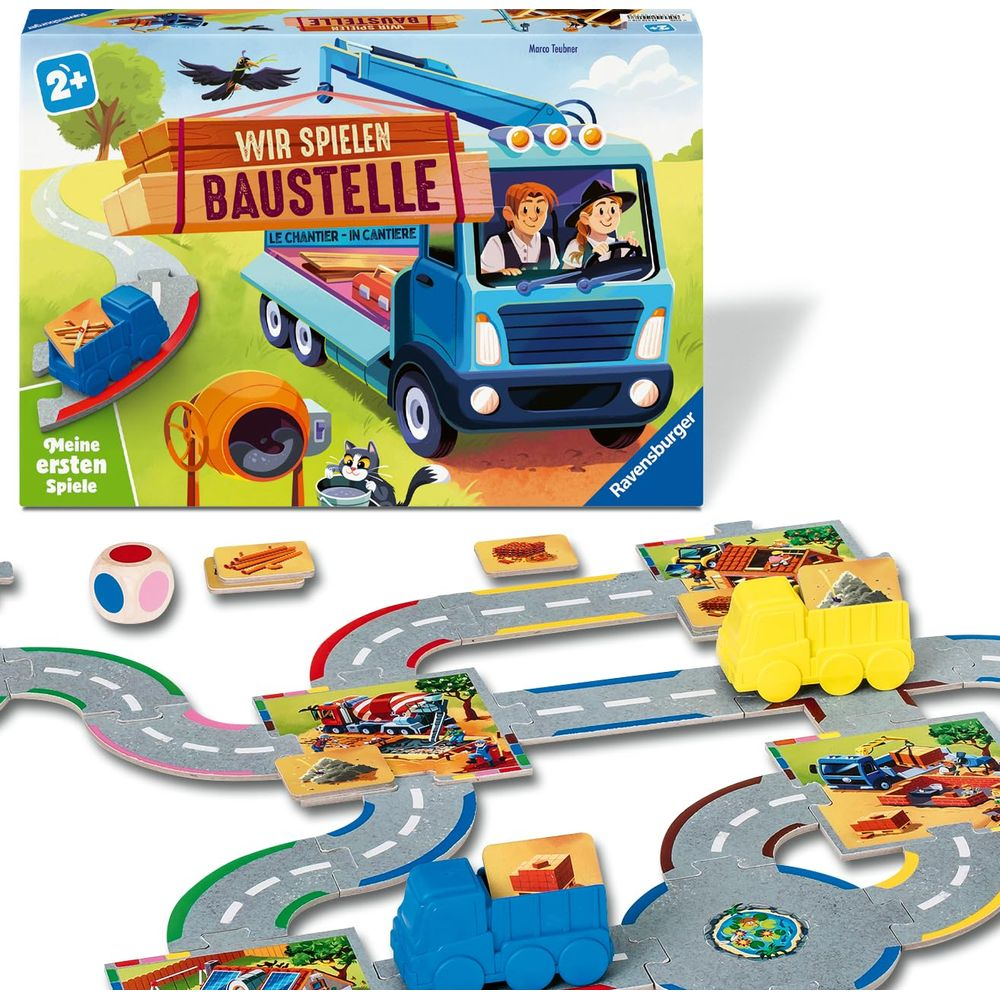 Scatola del gioco da tavolo e tabellone a tema cantiere, camion e betoniera.