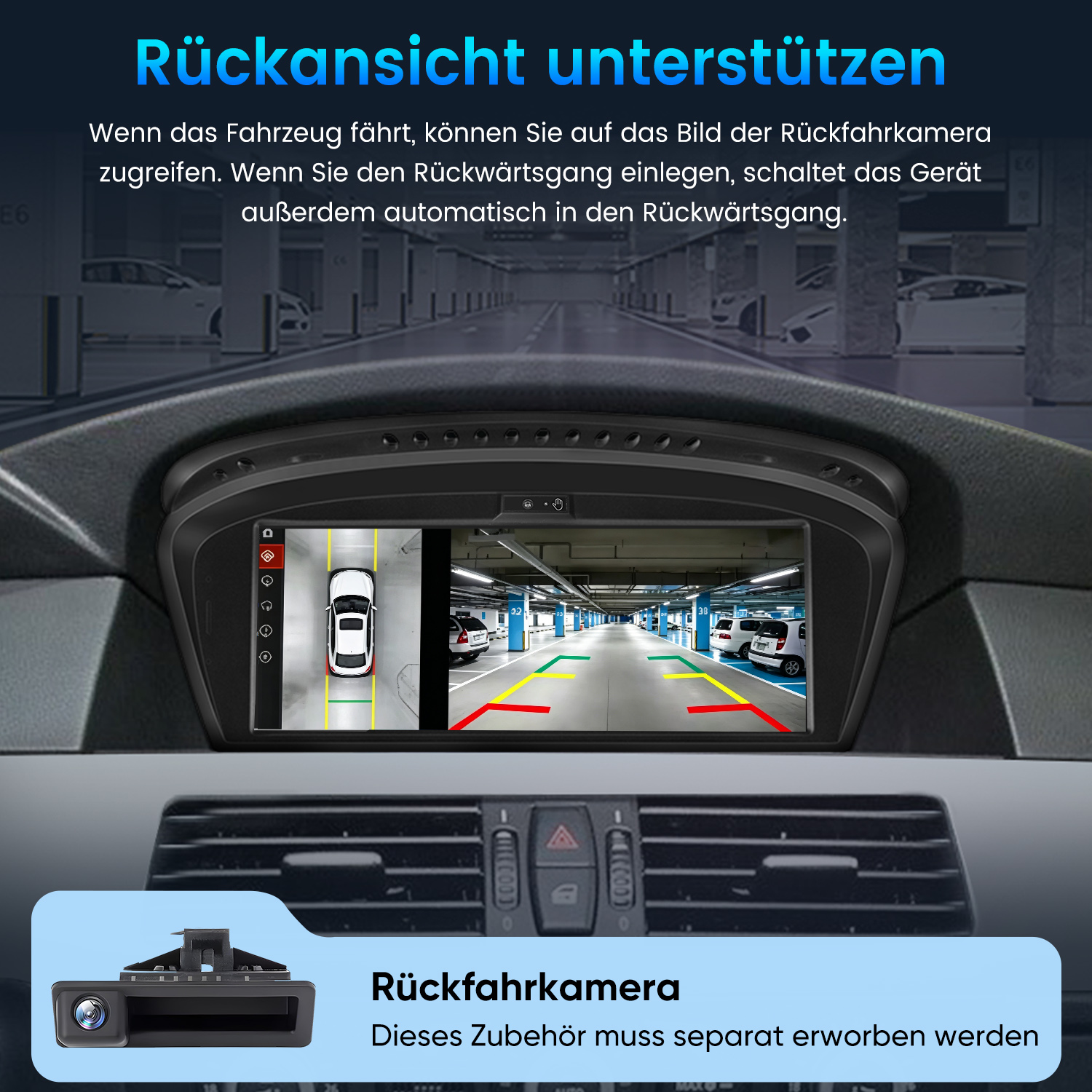 Ein Auto-Infotainmentsystem zeigt eine Rückfahrkameraansicht eines Parkhauses.