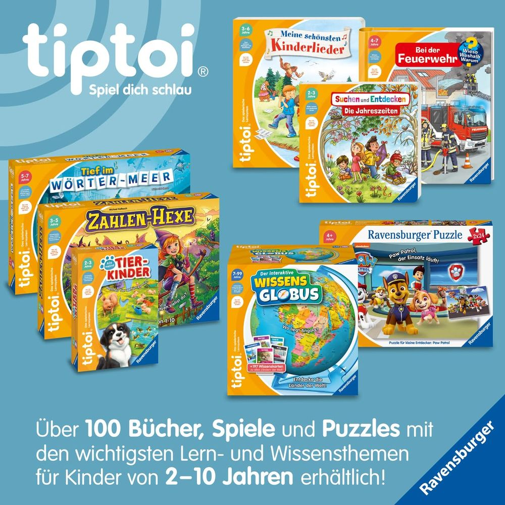 Mehrere Ravensburger tiptoi-Spiele und ein Globus werden gezeigt.