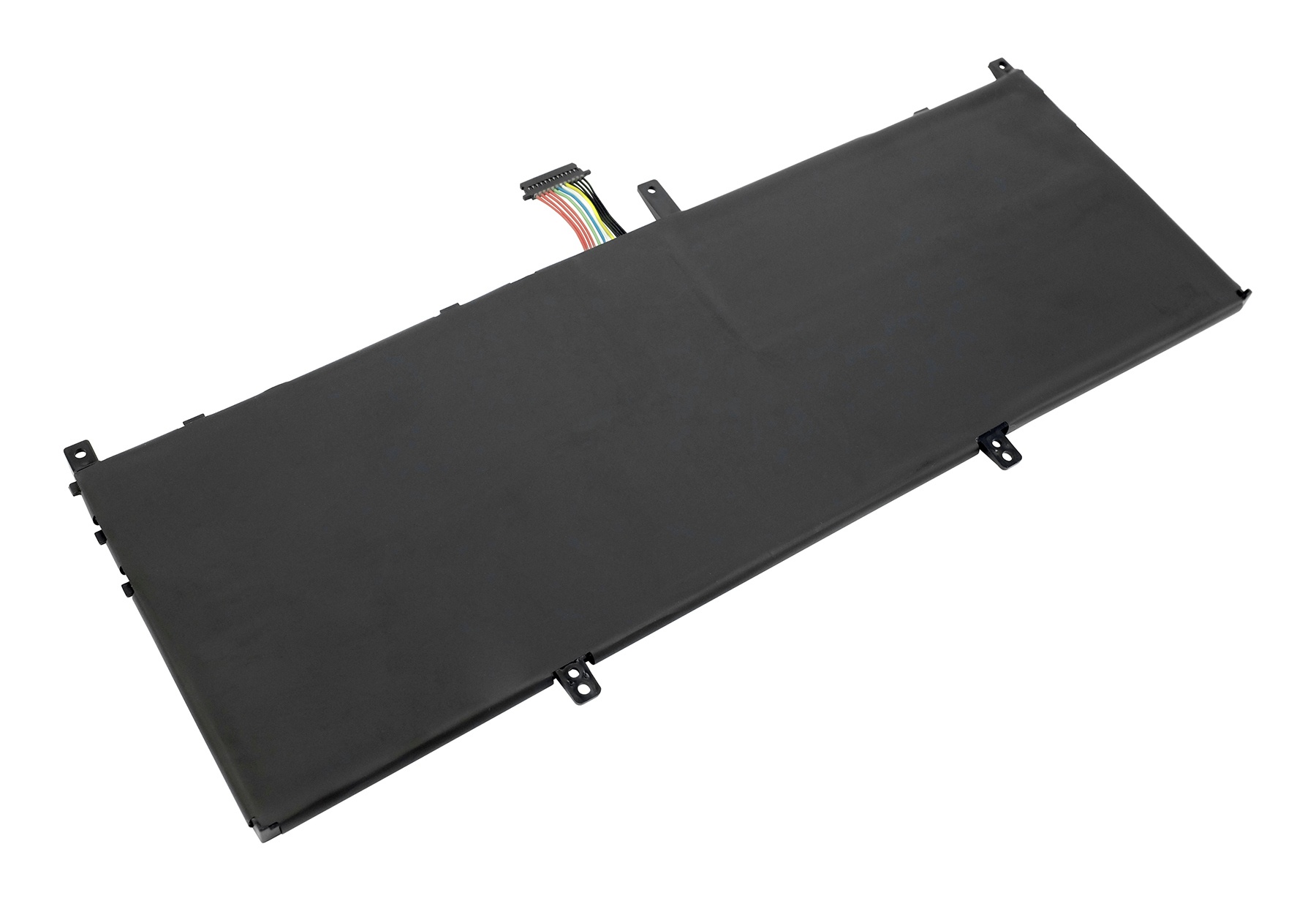 Batteria nera per laptop con connettore cavo colorato, sfondo bianco.