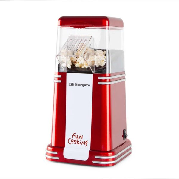 Máquina de palomitas roja estilo retro con parte superior transparente, llena de palomitas.