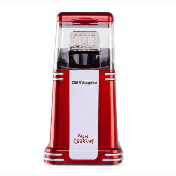 Máquina de palomitas roja estilo retro con tapa transparente y detalles plateados.