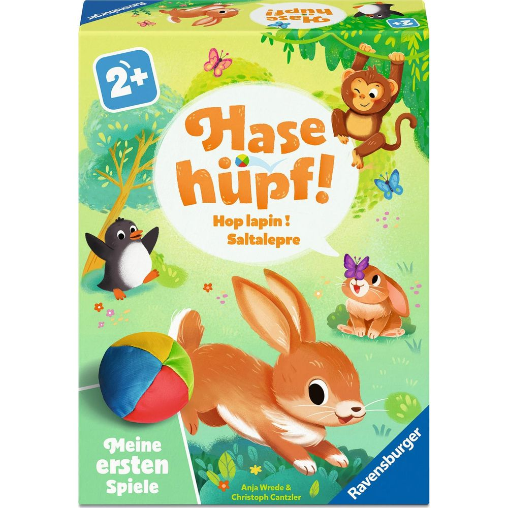Copertina gioco: Coniglio, pinguino, scimmia e coniglietto con farfalle in foresta.