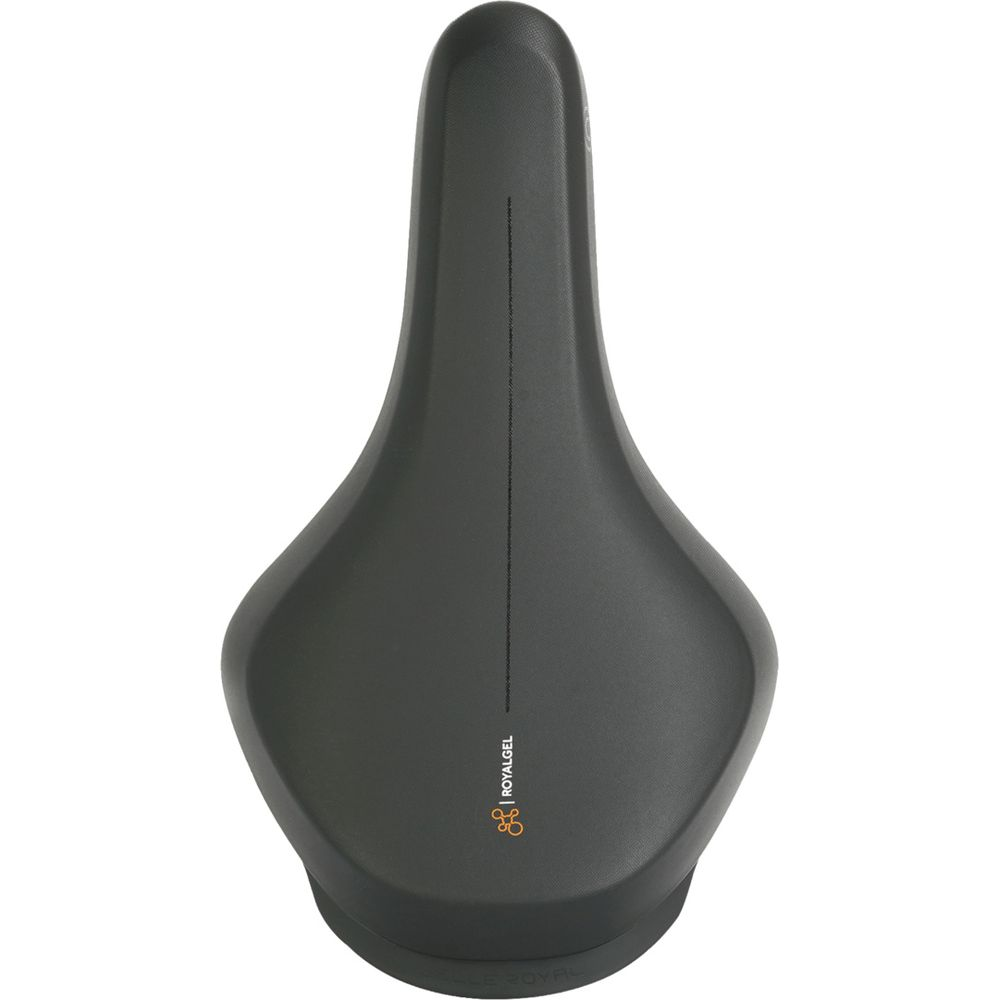 Ein dunkler Fahrradsattel mit dem Aufdruck "ROYALGEL" und einem kleinen orangefarbenen Symbol.
