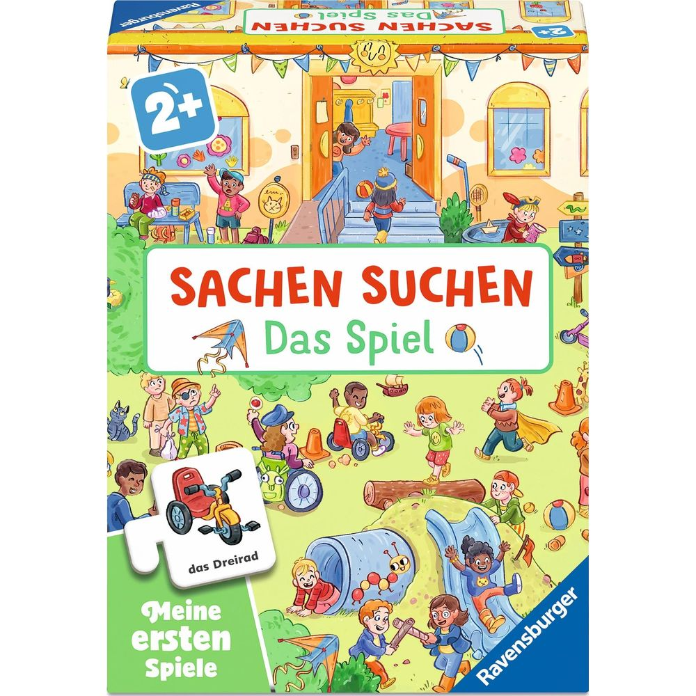 Confezione gioco con bambini che giocano fuori. Un triciclo è in primo piano.