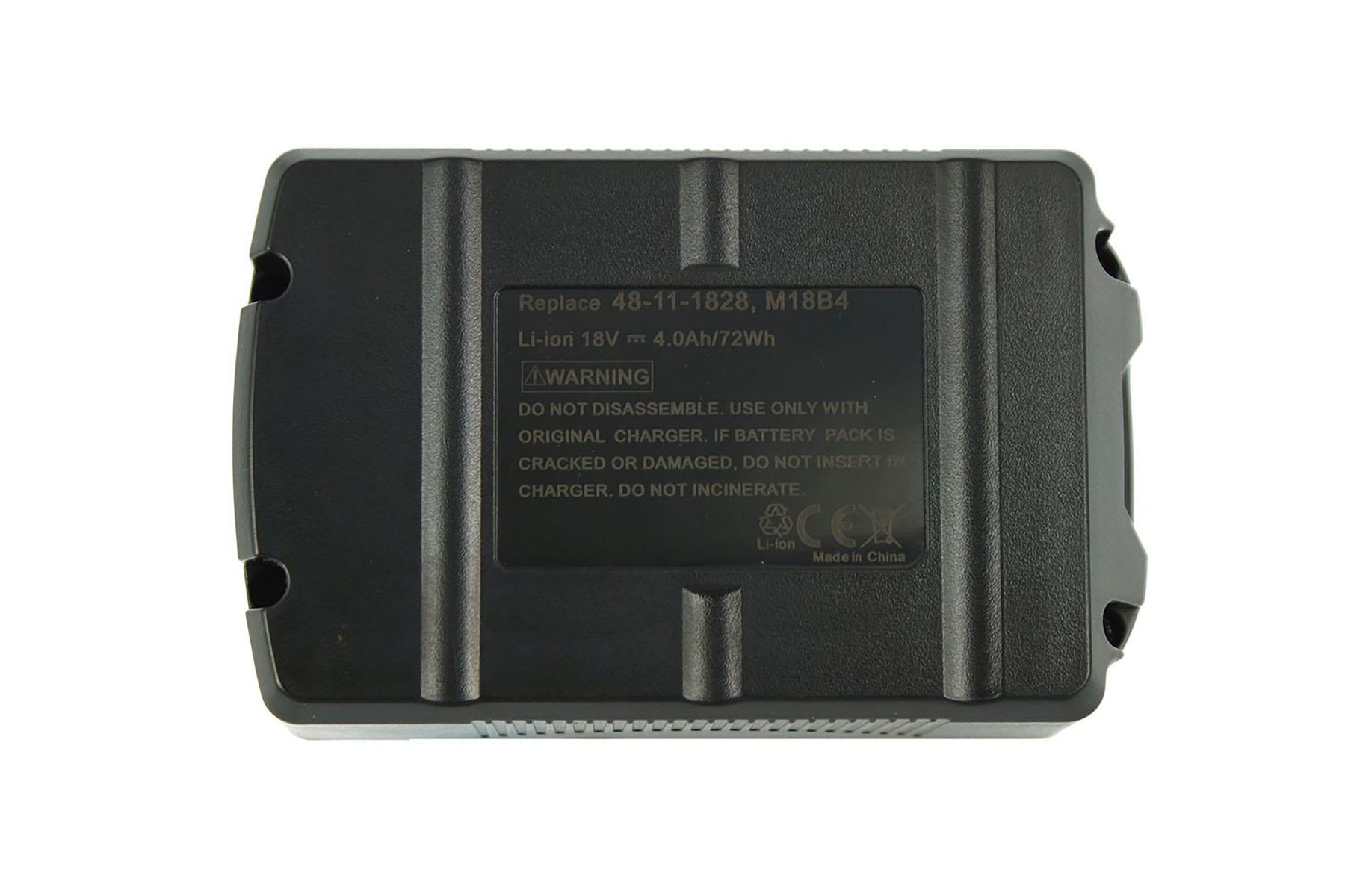 Schwarzer Akku mit Beschriftung: Li-ion 18V 4.0Ah/72Wh, Warnhinweis.