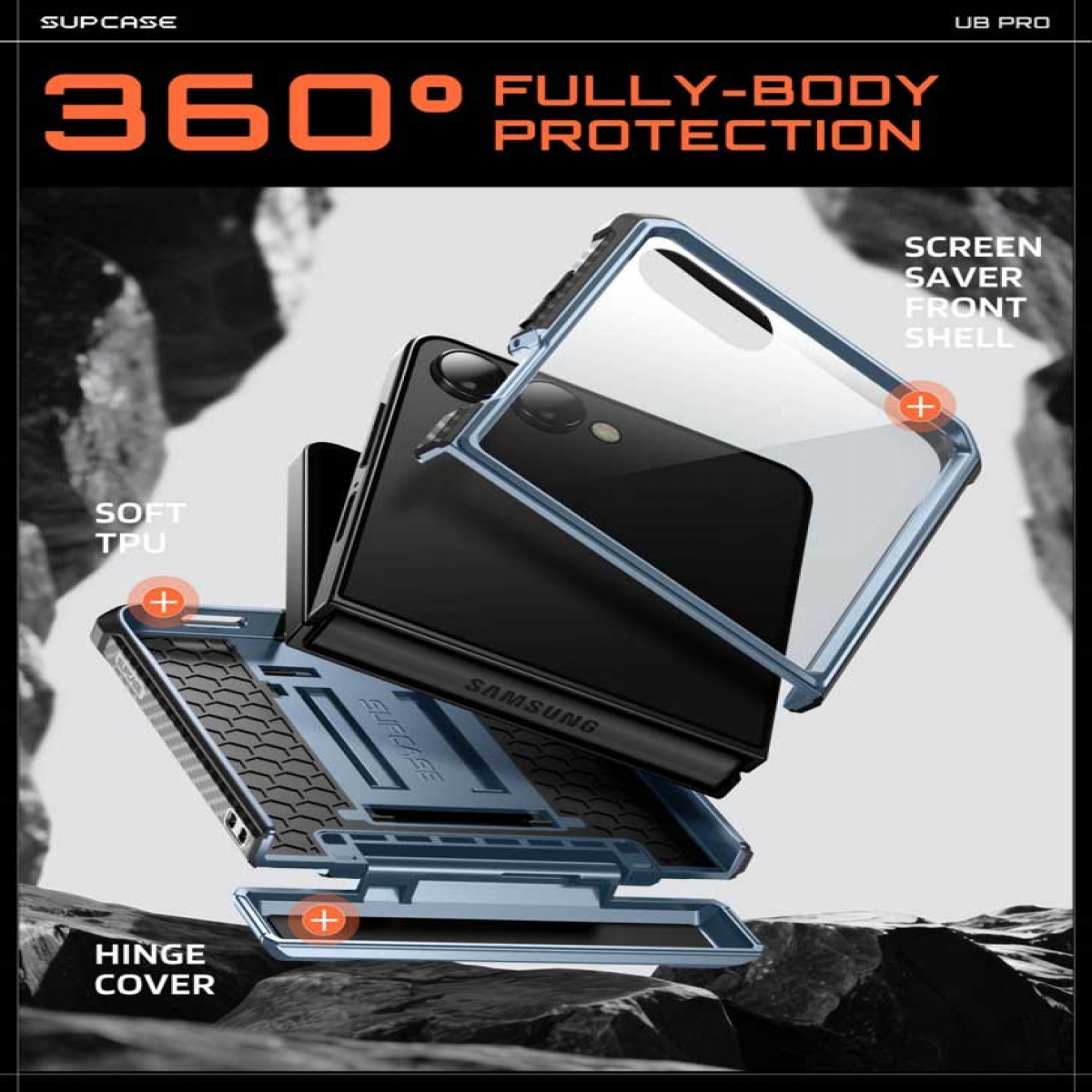 Supcase 360° Ganzkörperschutz für Samsung-Handy mit weichem TPU und Scharnierabdeckung.