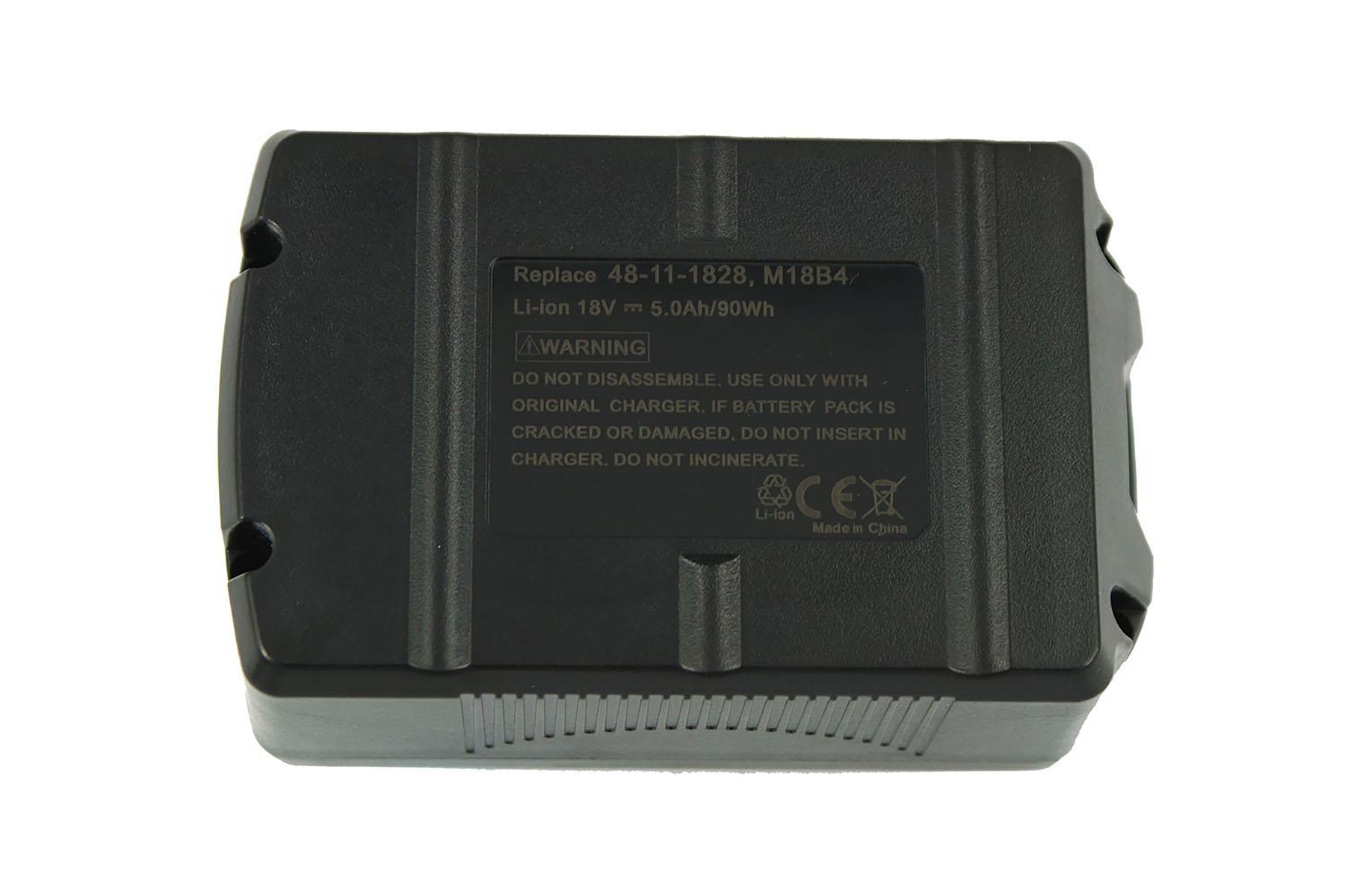 Schwarzer Akku mit Beschriftung: 18V Li-Ion, 5.0Ah/90Wh, Warnhinweis.