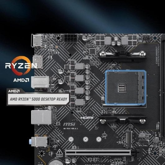 Ryzen 5000 masaüstü hazır siyah MSI anakartının yakın çekimi.