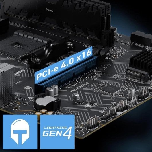 Logolu ve PCI-e 4.0 x16 yuvalı bir PC anakartı.