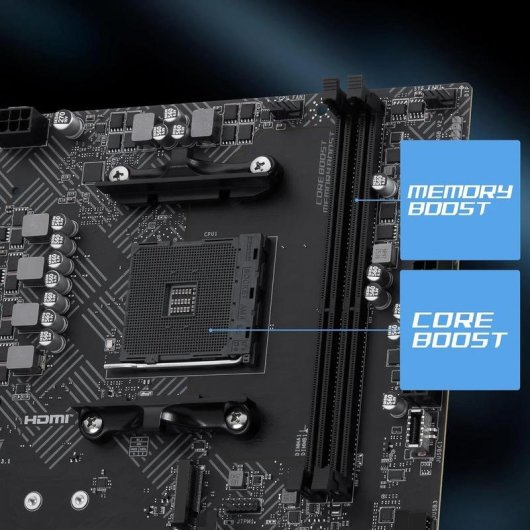 CPU soketi ve RAM yuvaları olan bilgisayar anakartının yakın çekimi. Memory Boost ve Core Boost etiketleri.