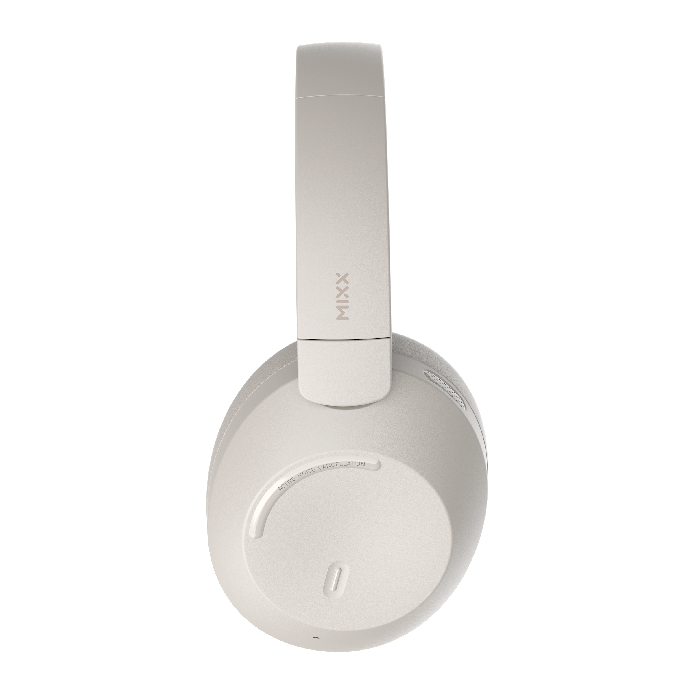 Eine graue Kopfhörer-Ohrmuschel mit "MIXX" und "ACTIVE NOISE CANCELLATION" Schriftzug.