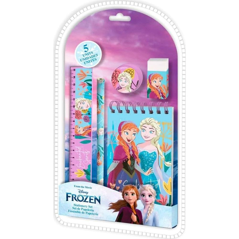 Frozen Schreibwaren-Set mit Lineal, Bleistift, Radiergummi, Kreis-Radierer und Notizbuch.
