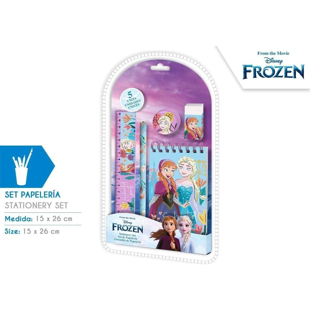 Frozen-Schreibwaren-Set mit Lineal, Bleistift, Radiergummi und Notizbuch mit Anna und Elsa.